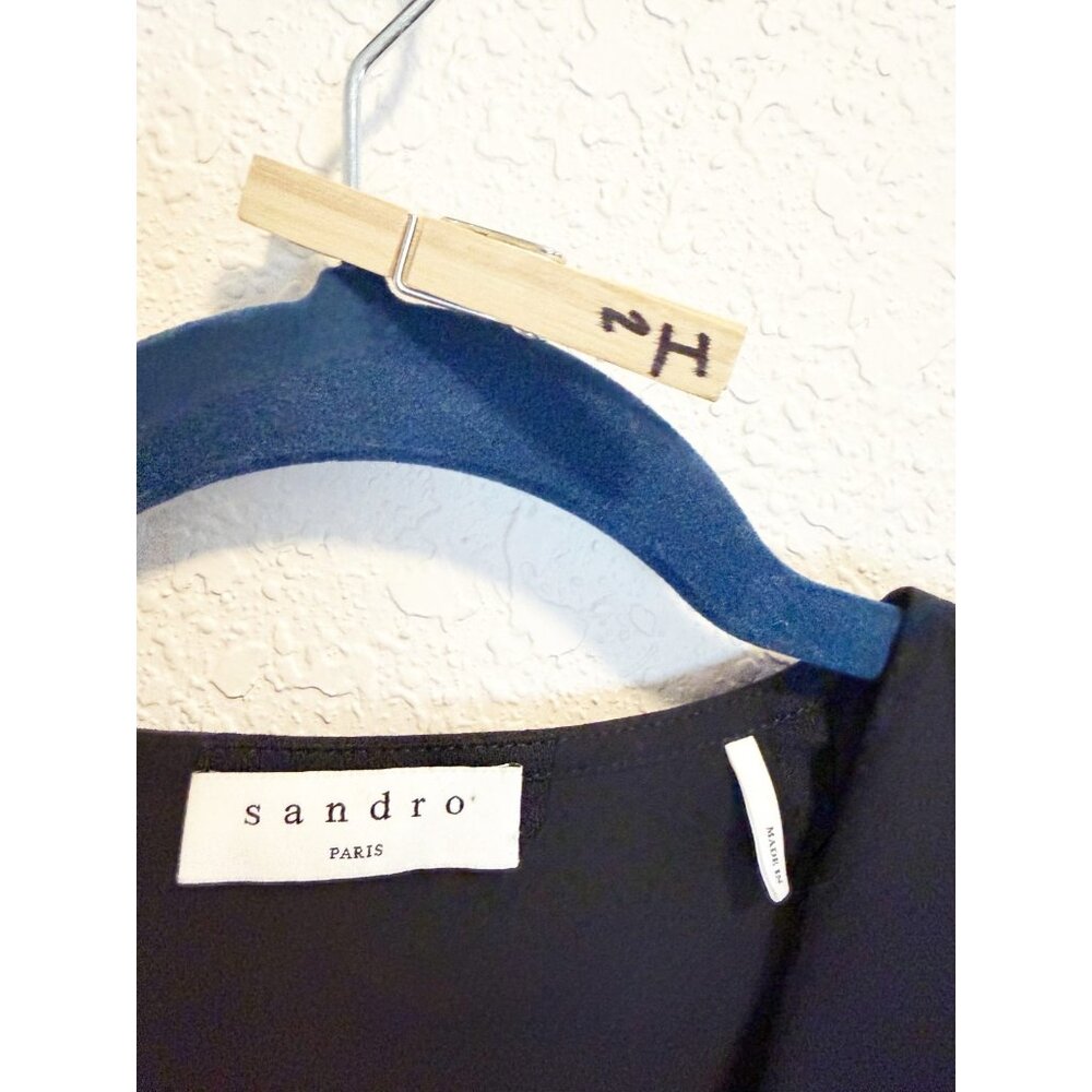 Sandro Paris Womens V Neck Pleated Top Short‎ Sleeve In Cotton Black Size S - Picture 8 of 8